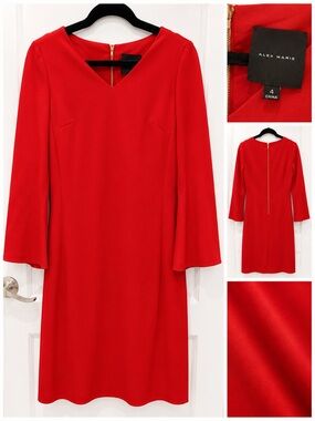 Alex Marie Bold Red V-Neck Long Sleeve Shift Dress